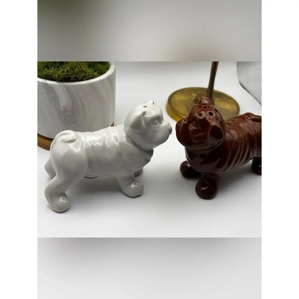 Ceramic Bulldog Salt & Pepper Shaker Set Brown & White Dog Kitchen Decor